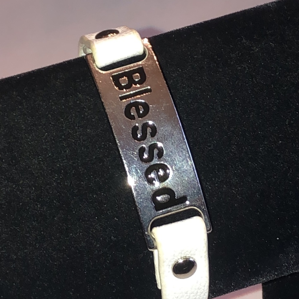 Blessed White Faux Leather and Silver Tone Bracelet